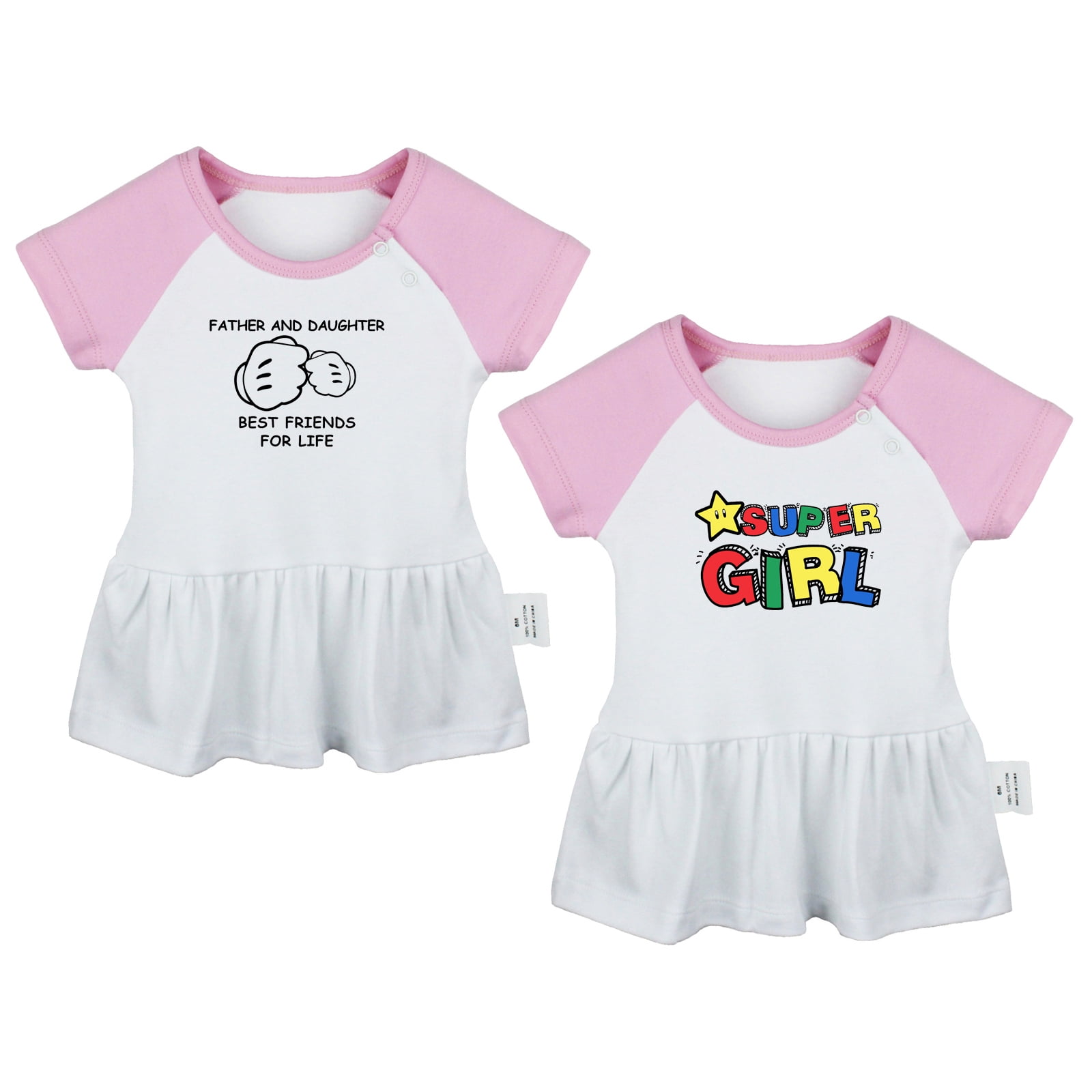 Pack of 2, Super Girl & Father And Daughter Best Friends Funny Dresses For Baby, Newborn Babies Skirts, Infant Princess Dress, Toddler Frocks (Pink Raglan Dresses, 0-6 Months)