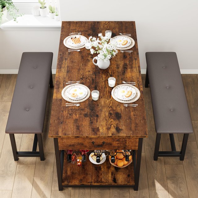 BeesClover Dining Table Set, Retro Brown Dining Set for 4 with Upholstered Benches, Kitchen Dining Table Set with Storage Drawers and Wine Rack for Small Spaces