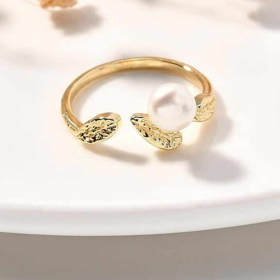 Elegant Round Natural Pearl Finger Rings Leaf Brass Cuff Rings US Size 7 Inner Diameter 17.5mm for Women Real 14K Gold Plated Jewelry Perfect for Daily Wear or Special Occasions