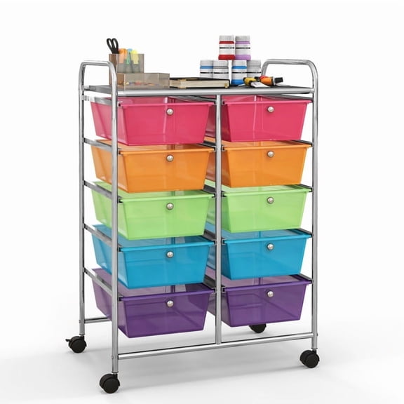 Topcobe 10-Drawer Rolling Storage Cart, Rolling Carts with Wheels for Kitchen, Living Room, Transparent Multicolor