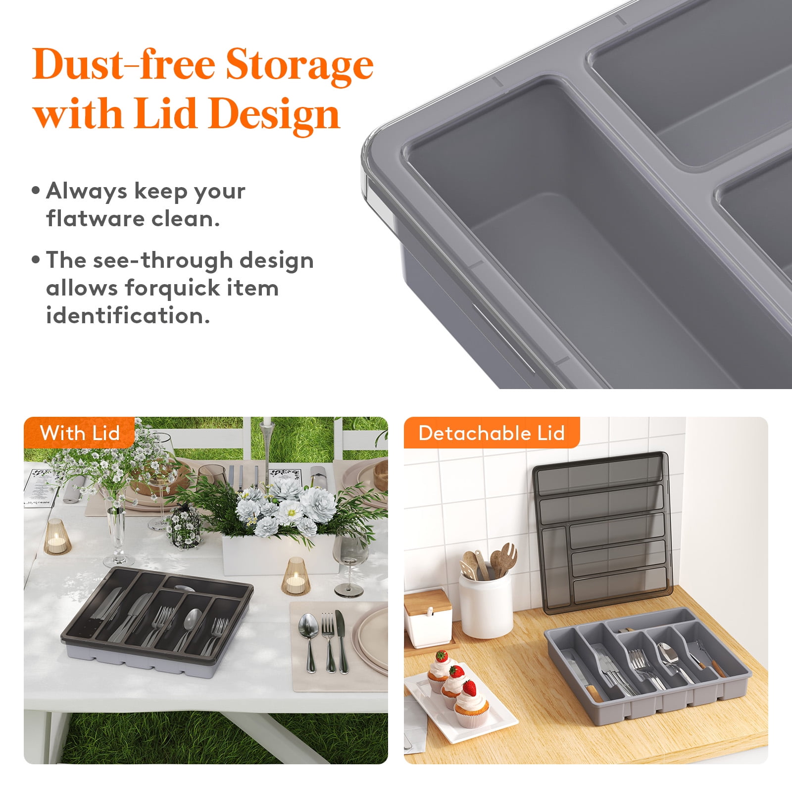 Lifewit Silverware Organizer with Lid, Covered Utensil Tray for Kitchen Drawer and Countertop, Plastic Cutlery and Flatware Storage Box for Spoons Forks Knives Holder Case, 6 Compartments, Gray