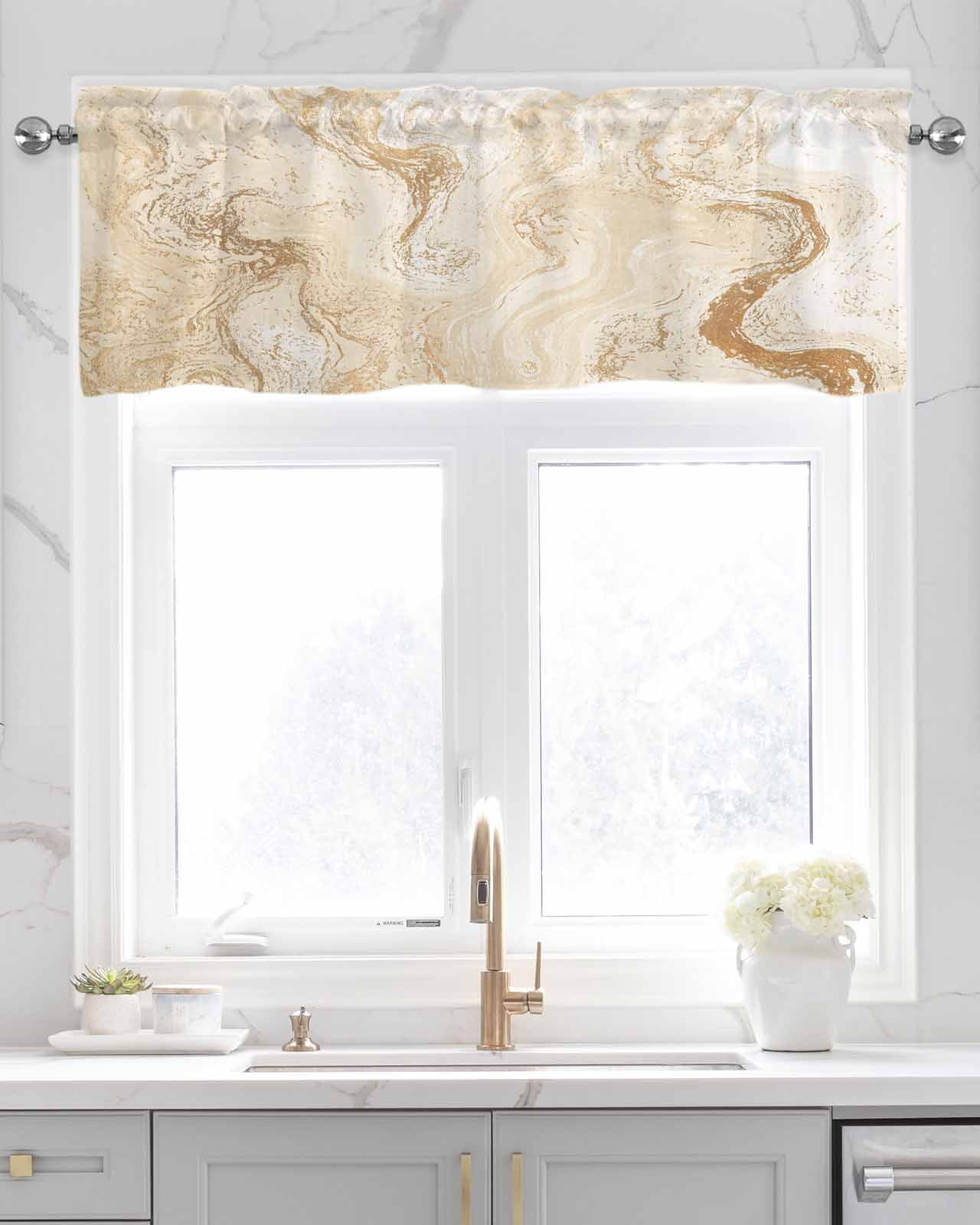 Beige Marble Kitchen Valances for Windows Farmhouse Linen Window Valance Curtain for Living Room Window Treatment Chic Neutral Minimalist Fluid Aesthetic Valance Rod Pocket Topper Drape, 60 x 18 Inch