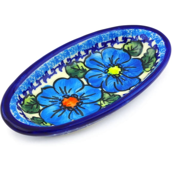 Polish Pottery 5½-inch Condiment Dish (Bold Blue Poppies Theme) Signature UNIKAT Hand Painted in Boleslawiec, Poland   Certificate of Authenticity