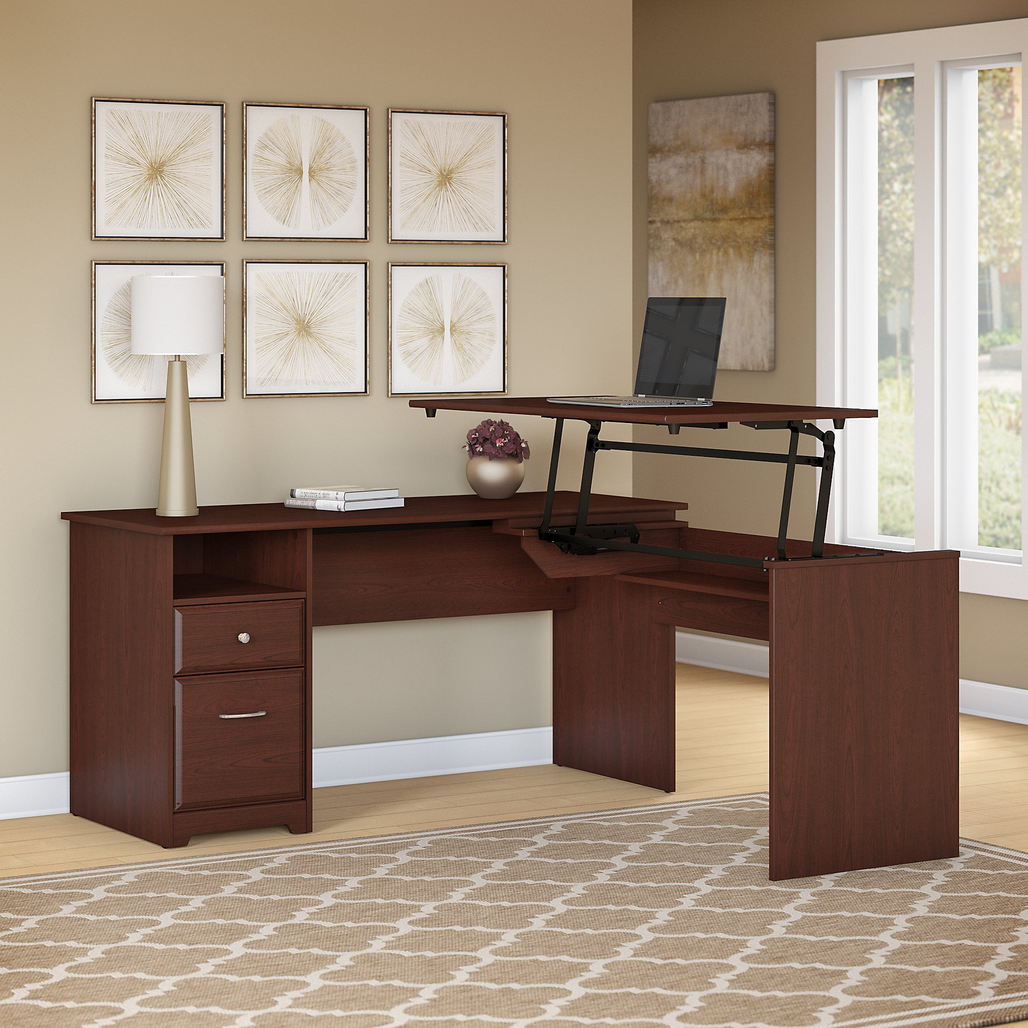 Bush Furniture Cabot 60W 3 Position L Shaped Sit to Stand Desk in Harvest Cherry