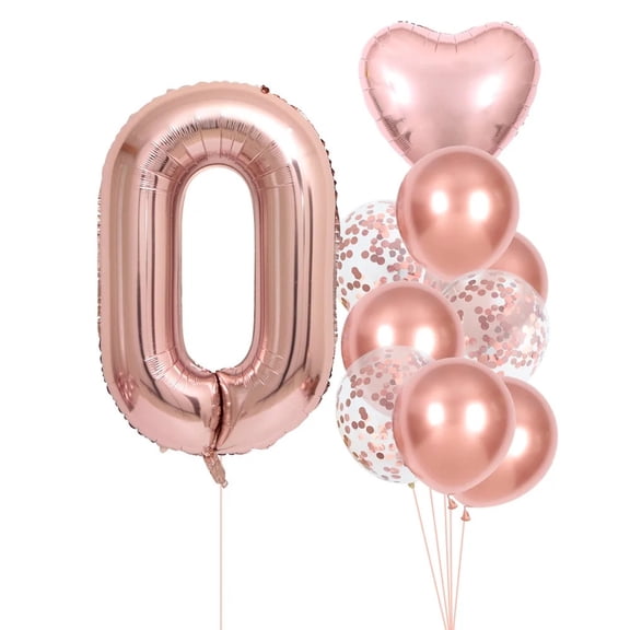 10pcs Rose Golden Foil Balloon Set, 32Inch Rose Golden Number&Heart Balloons, for Wedding Birthday Party Celebration Decoration