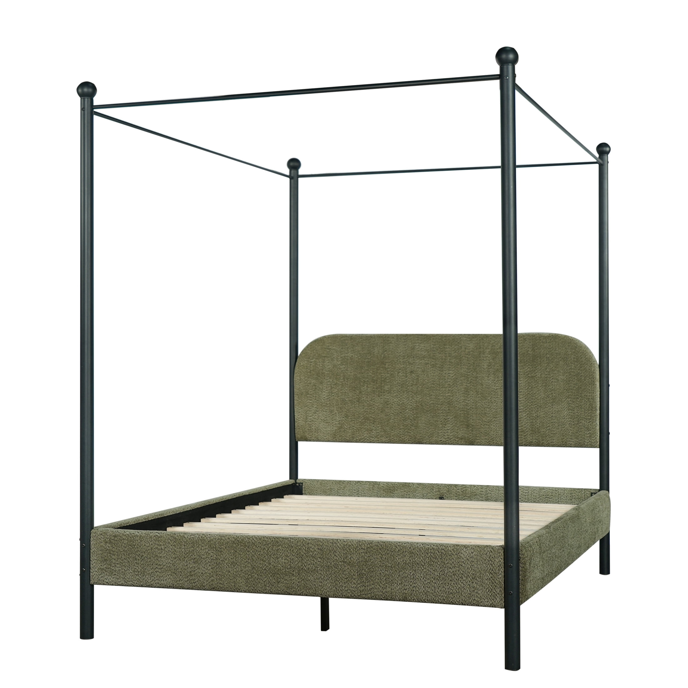 Christopher Knight Home Queen Upholstered Canopy Bed Frame with Boucle Fabric and Curved Headboard, Olive Green