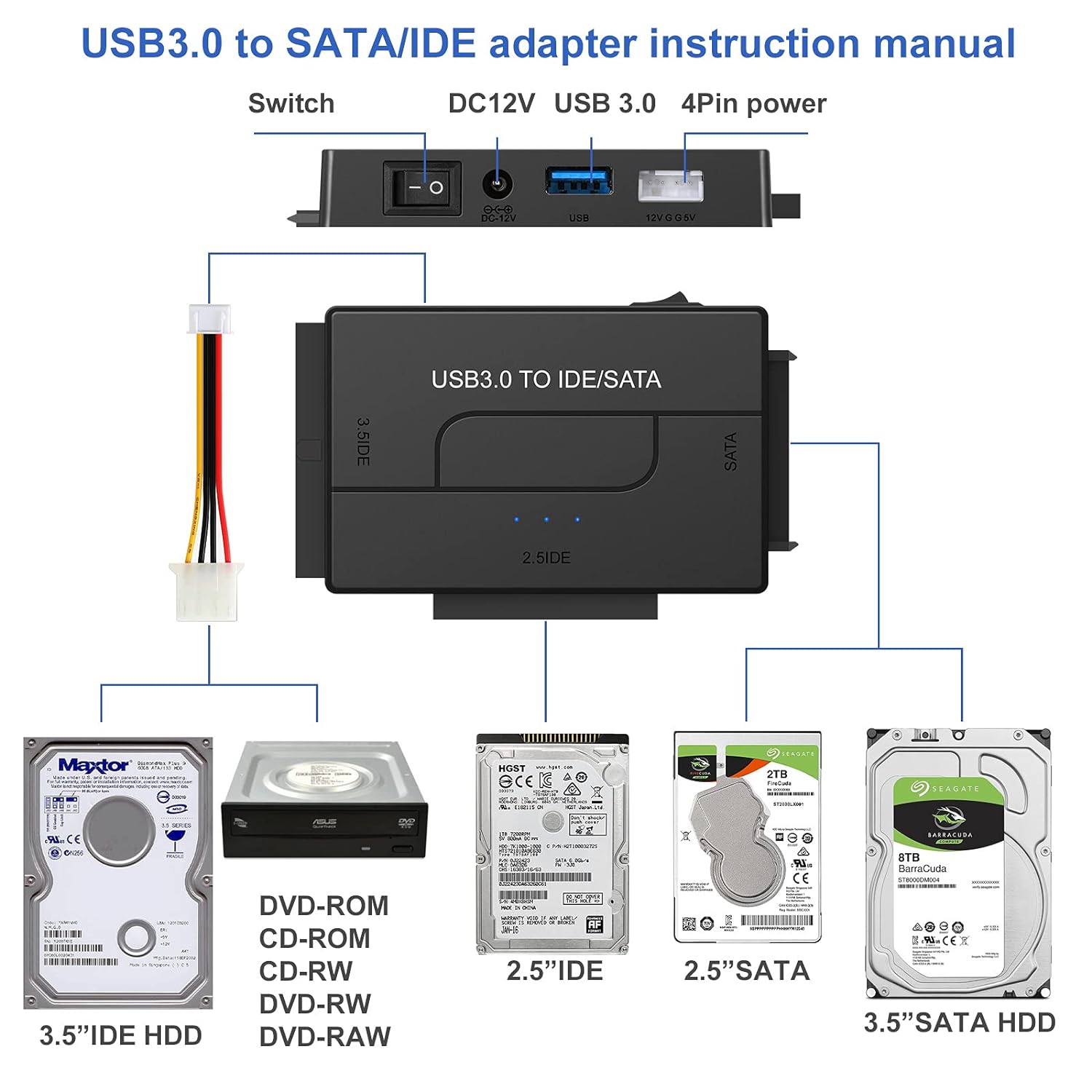 AUBEAMTO USB 3.0/USB C to SATA and IDE Adapter, External Hard Drive Ultra Recovery Converter for Universal 2.5 3.5 IDE and SATA HDD SSD, 5.25-inch DVD/CD-ROM Optical Drive, Easy to Use