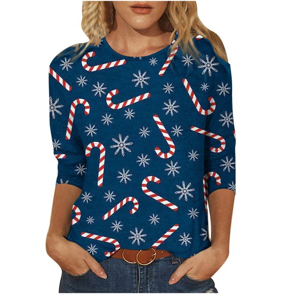 Inkach Womens Christmas Print Mid-Length 3/4 Sleeve O-Neck Casual Tee Tops T-Shirt