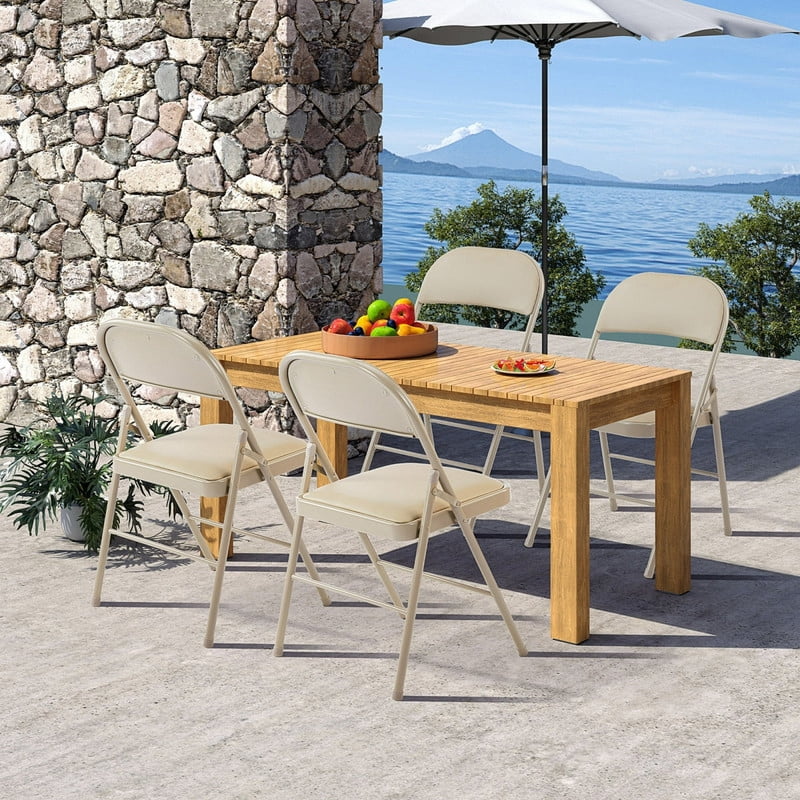 Kelno 4 Pack Folding Chair Leather Padded Seat Portable Chair, Khaki