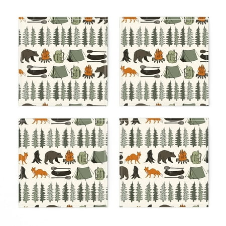

Linen Cotton Canvas Cocktail Napkins (Set of 4) - Camping Cream Bear Fox Woodland Forest Trees Outdoors Illustration Campfire Tree Print Cloth Cocktail Napkins by Spoonflower