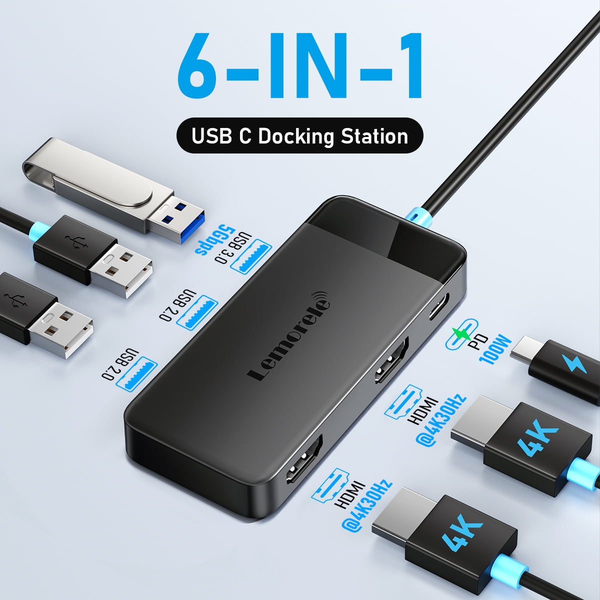 Lemorele 6 in 1 USB-C Multiport Hub, Laptop Splitter, PC Adapter, 4K Dual HDMI Adapter, USB A Data Port, 100W PD