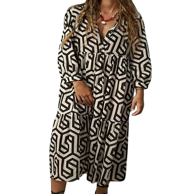 Robe de Soirée Ample à Imprimé Géométrique pour Femmes à Manches Longues