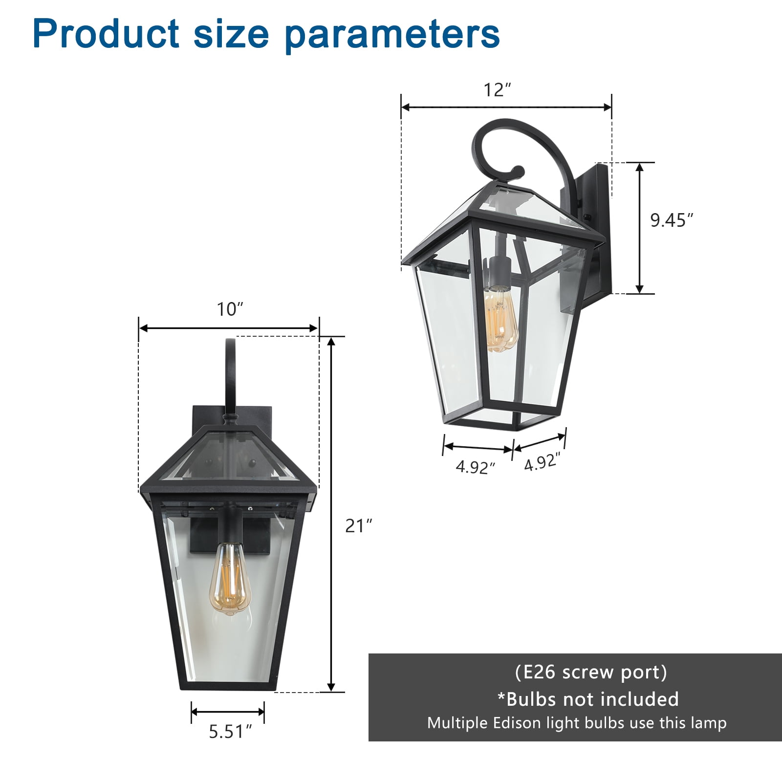 Black 1-Light Outdoor Hardwired Wall Lantern Sconce Outdoor Porch Large Wall Light Fixtures with Clear Beveled Glass