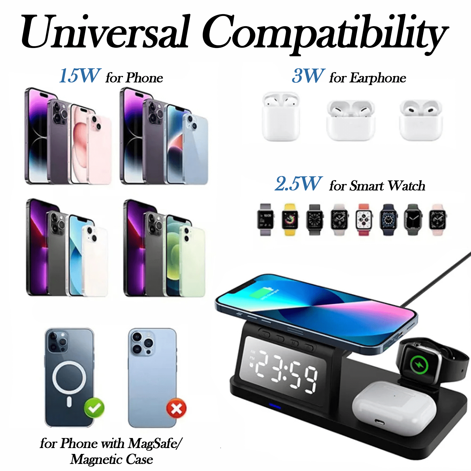 15W 4-in-1 Wireless Charging Station with Alarm Clock & Night Light – Fast Charger for iPhone, Apple Watch, AirPods & Android – White