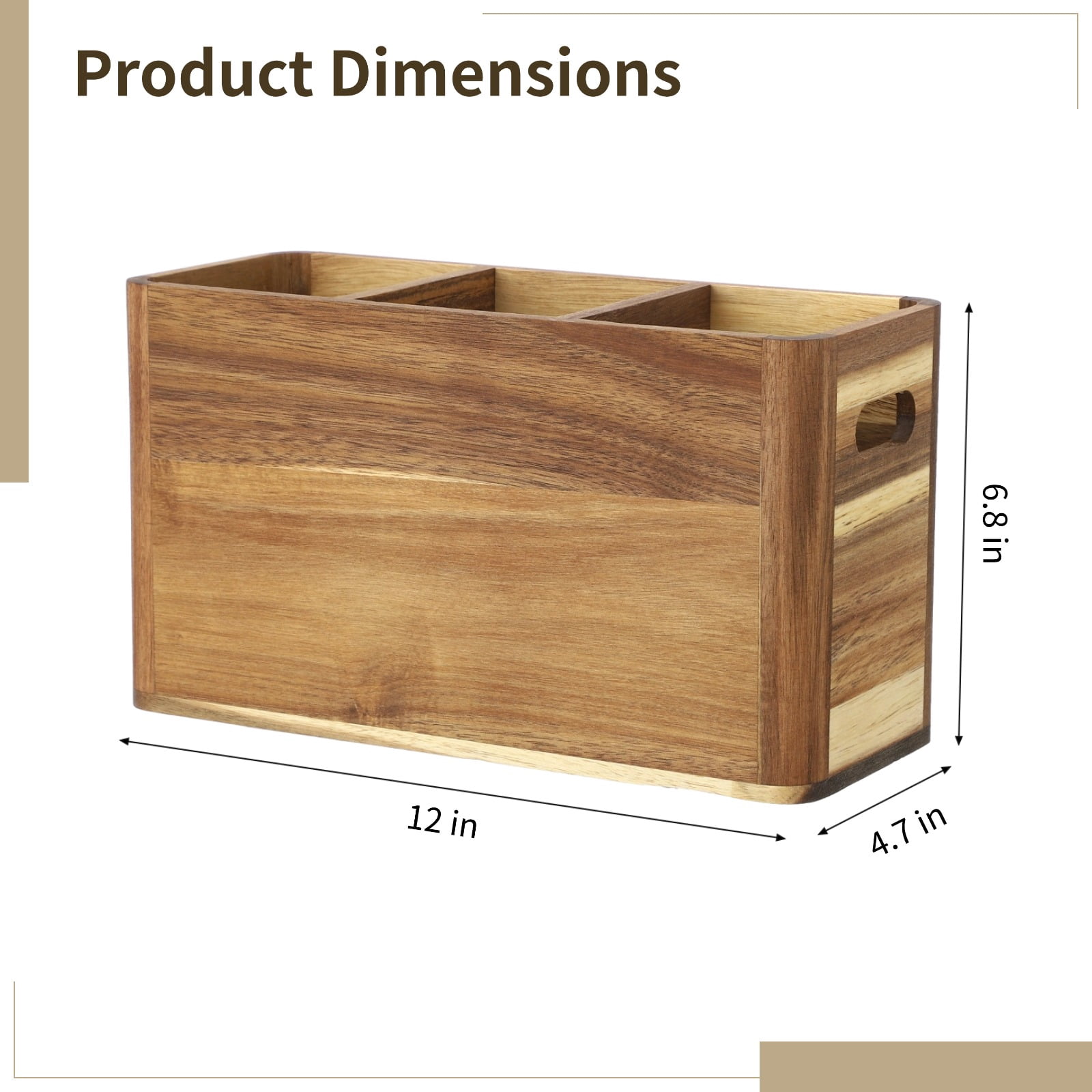 3-Compartment Wooden Kitchen Utensil Holder Organizer, Large Wood Utensil Container with Removable Dividers, 12 x 4.7 x 6.8 in, Wooden Storage for Cooking and Silverware