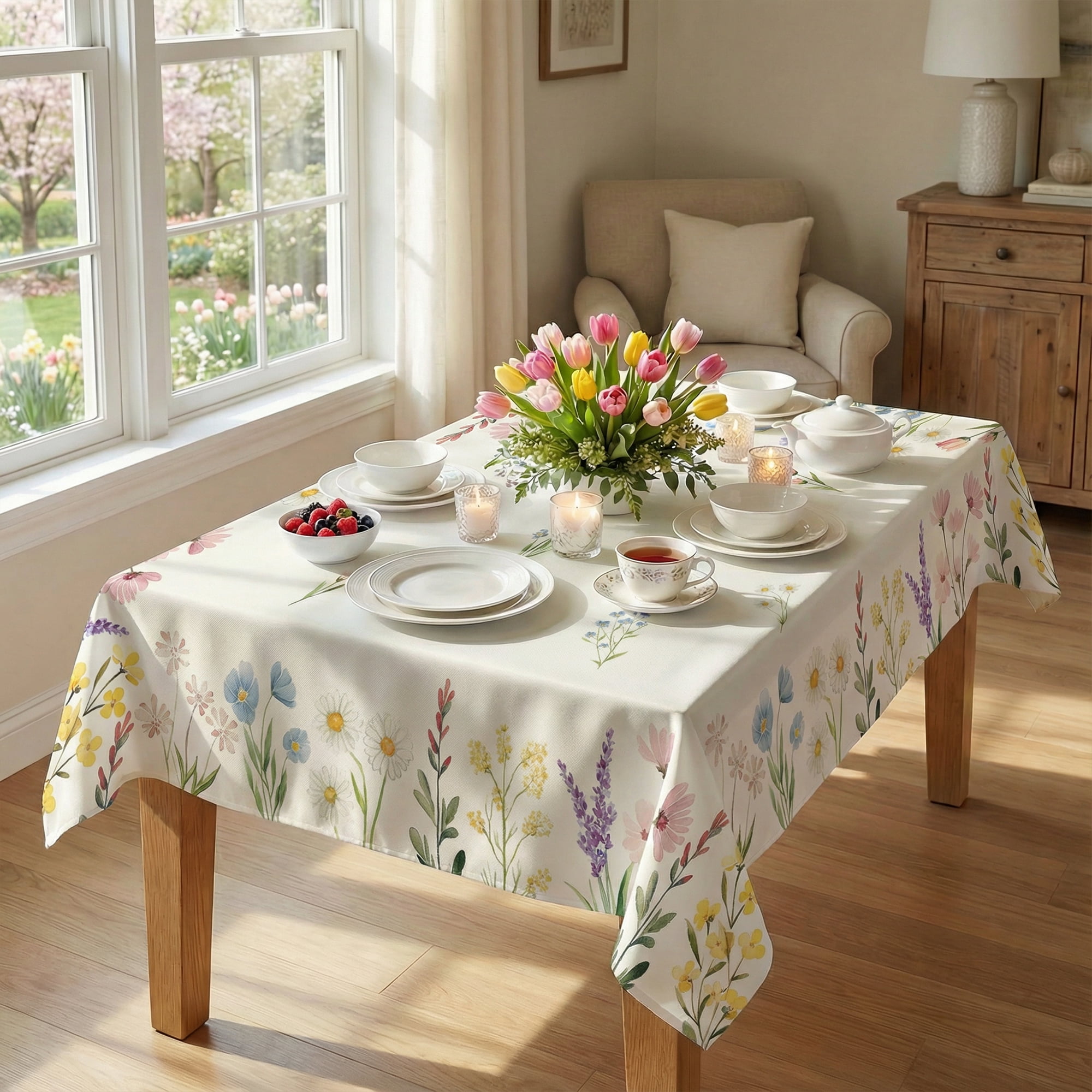 Sm:)e Blooming Floral Wild Flowers Spring Tablecloth 60 x 84 Inch Seasonal Rectangle Washable Table Linen Holiday Table Cover for Home Kitchen Dinner Decor