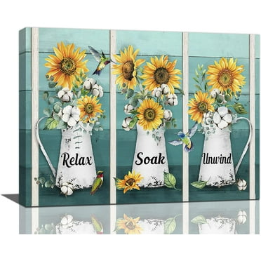 Farmhouse Sunflower Cotton Bathroom Decor Wall Art Rustic Hummingbird Floral Pictures Wall Decor Relax Soak Unwind Bathroom Sign Canvas Painting Prints Artwork Framed for Bathroom Bedroom 16"x12"