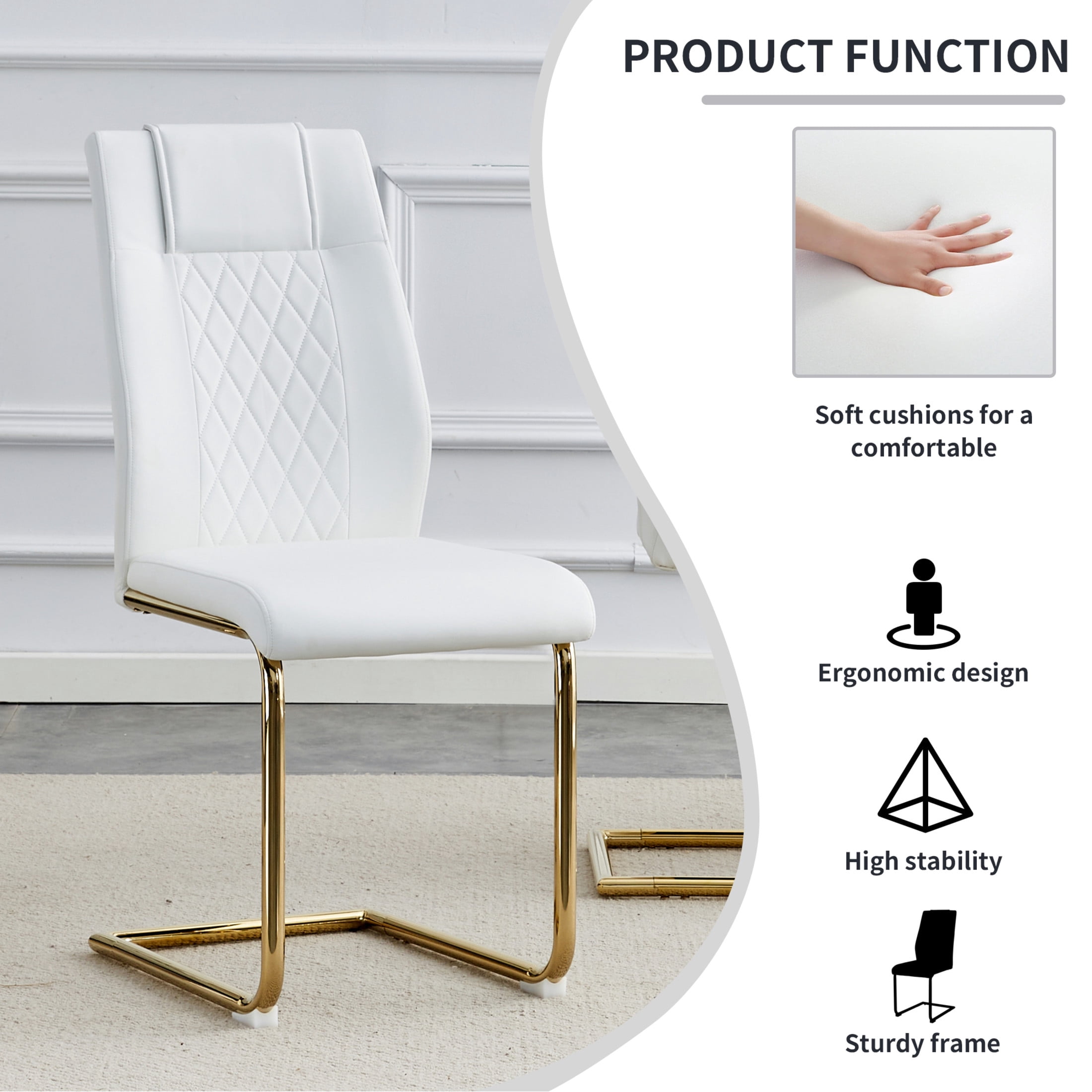 Noble House Modern Upholstered Dining Chairs, Faux Leather Padded Seat Side Chair, Golden Metal Legs, White, Set of 4