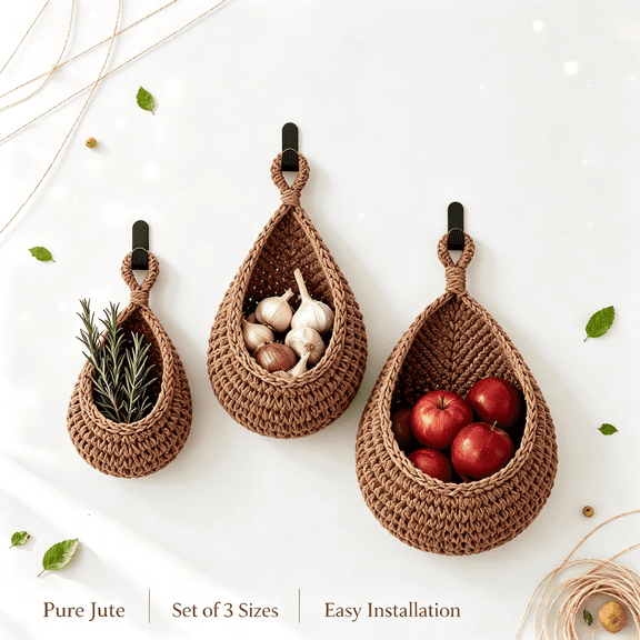 Hanging Wall Jute Baskets 3 Pack, Boho Teardrop Storage Baskets with Hooks, Farmhouse Organizer for Onion Potato Fruit, Rustic Home Decor