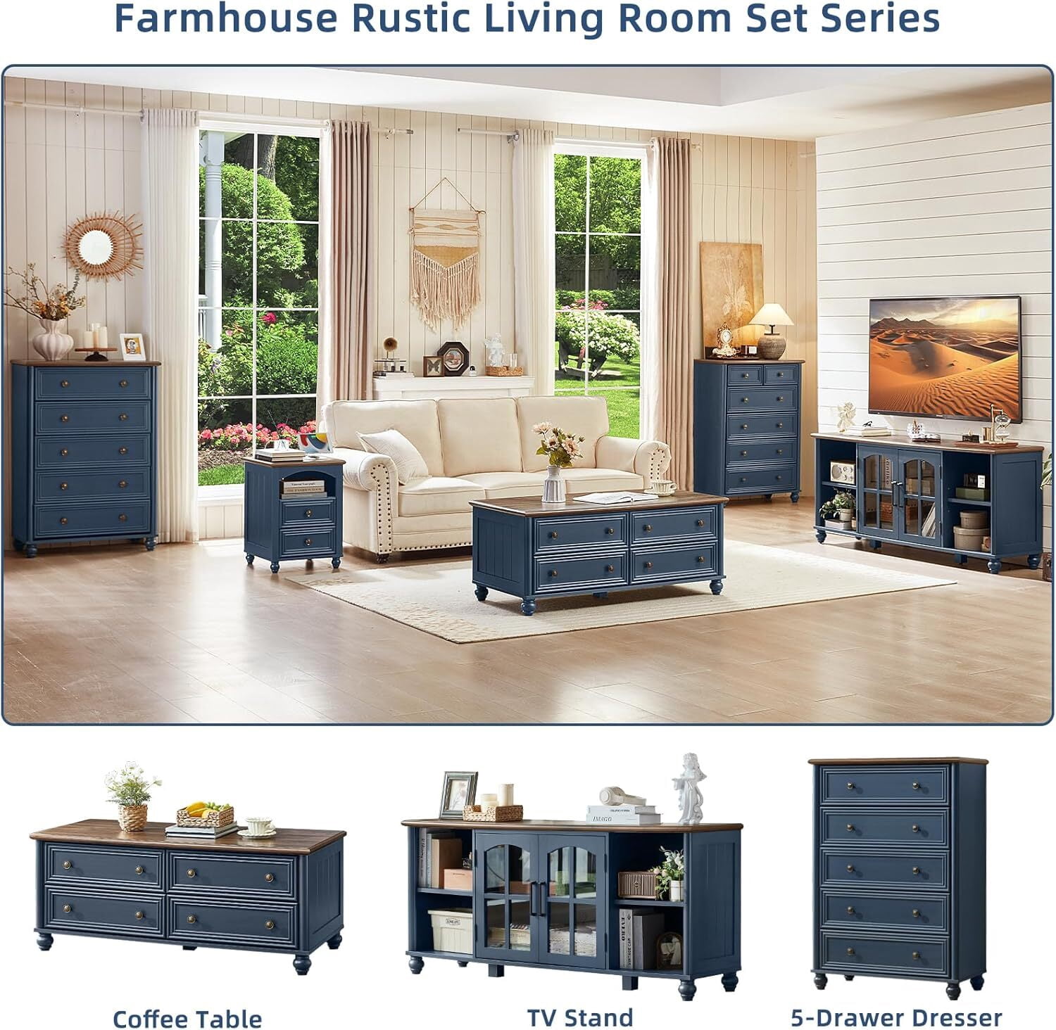 Leyaoyao 48" Farmhouse Coffee Table with Hidden Storage, 4 Drawers &Roman Column Knobs,Rustic Center Table with Wood Curved Legs for Living Room,Blue