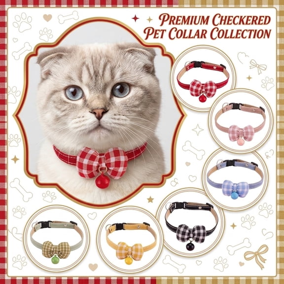 Kitten Breakaway Collar, Cat CollarwithBow, BlackandWhite Fabric, Adjustable Small Cat Collar, Cat Bell, Quick Release Buckle, Gingham Fabric, Pet Identification, 1 Pc