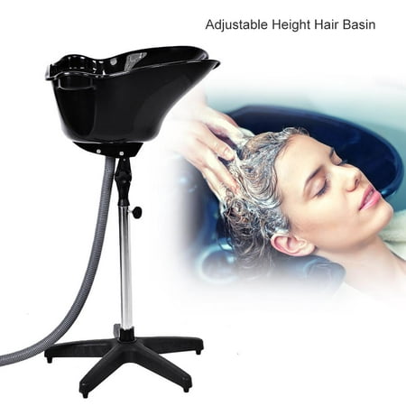 WALFRONT Portable Salon Barber Shampoo Bowl, Adjustable Height Deep Shampoo Basin Sink Hair Treatment Black Bowl with Drain