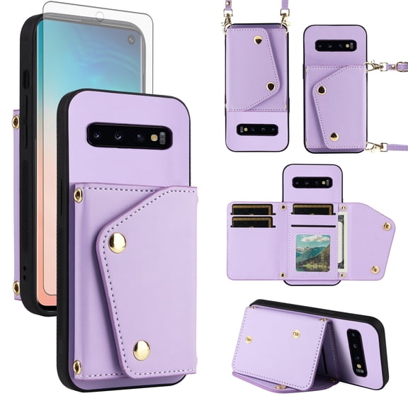 Furiet Luxury Wallet Case for Samsung Galaxy S10 Plus with Tempered Glass Card Slots Thin Slim Flip Purse & Shoulder Strap, Card Holder Stand Phone Cover for S10 S10plus 10S Edge S 10 10plus Purple