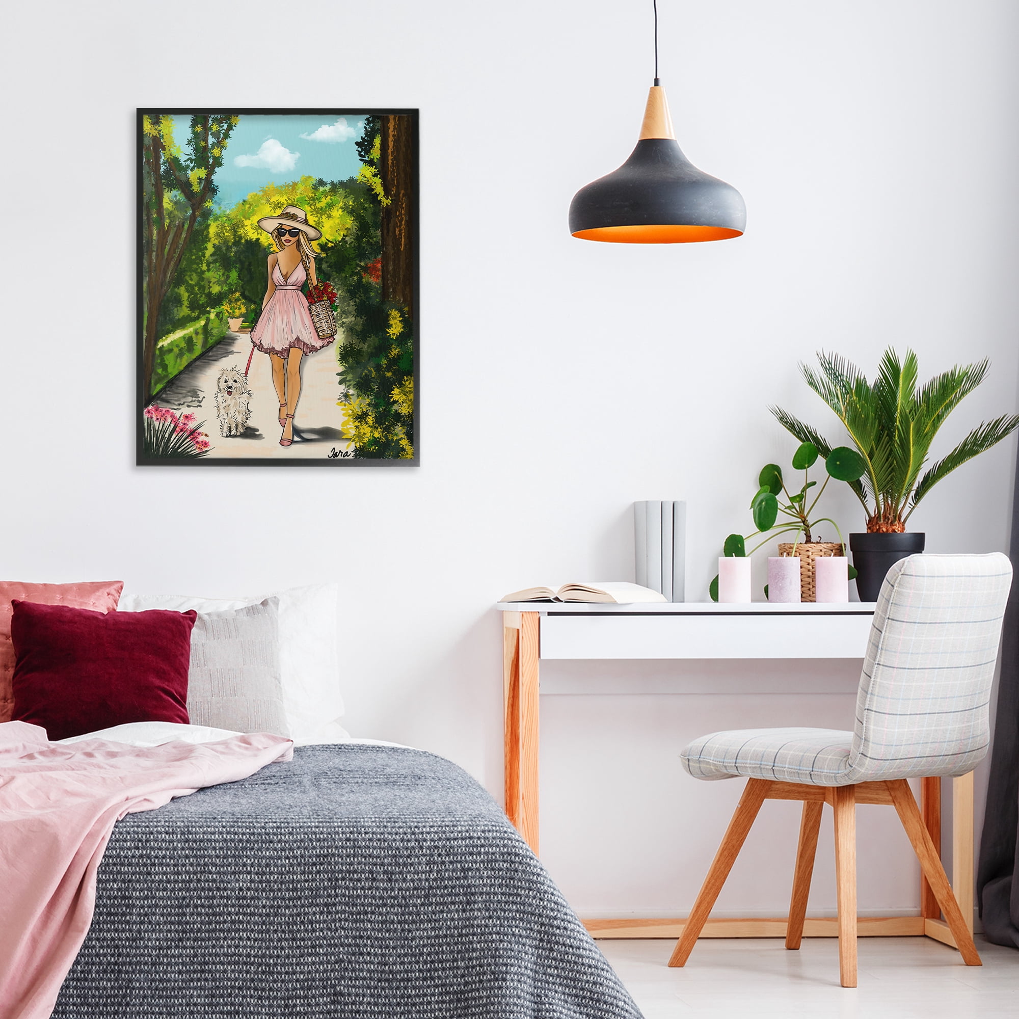 Stupell Industries Garden Girl Strolling with Pup Black Framed Giclee Art, design by Tara Boone