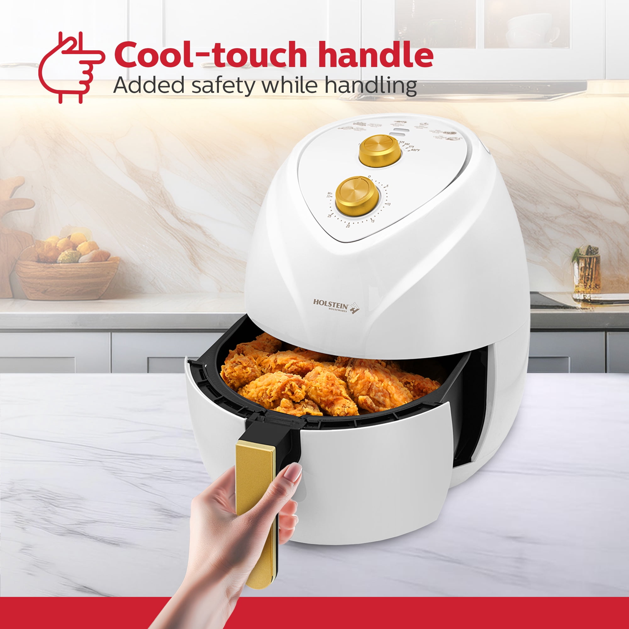 Holstein Housewares 4.8QT Air Fryer - Convenient and User Friendly with Optimal Cooking Functions to Fry, Bake, Grill and Roast, White and Gold