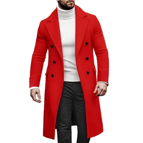 Havenx Men's Overcoat Double Brested Long Trench Coat Notched Collar Lapel Wool Blend Pea Coats with Pockets Windbreaker Business Classic Winter Trench Coat Jackets,Red 3XL