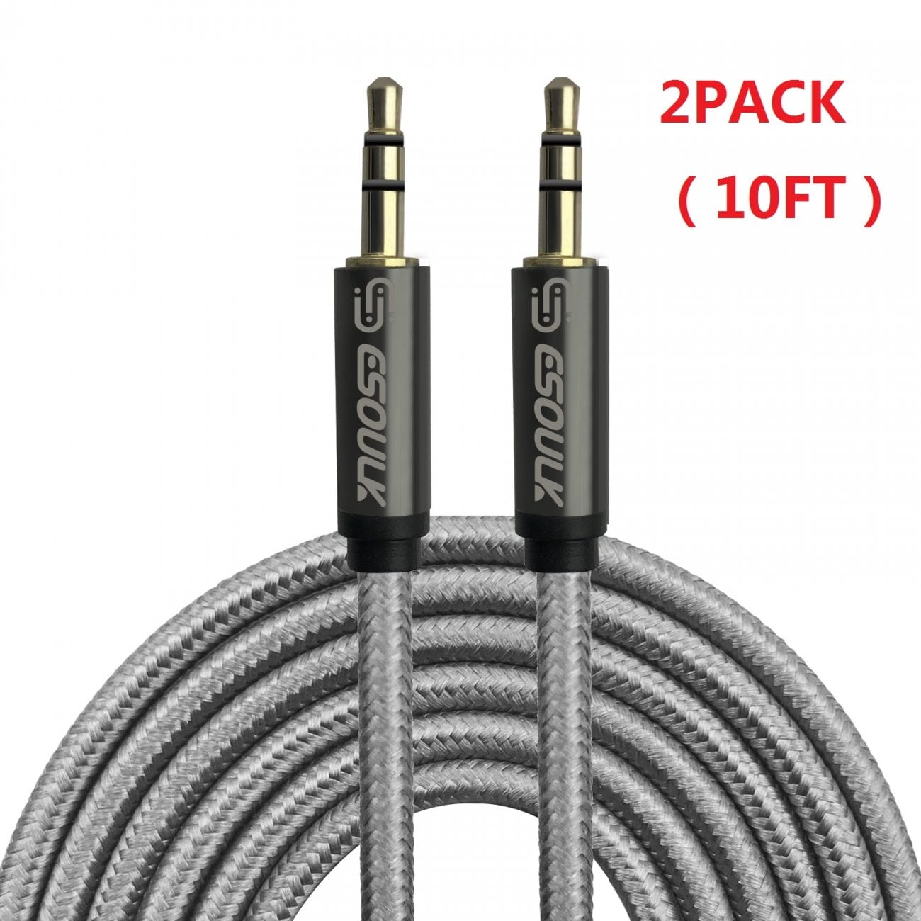 10 Foot 3.5mm Premium Double Braided Nylon Aux Cable For Car 2 Pack