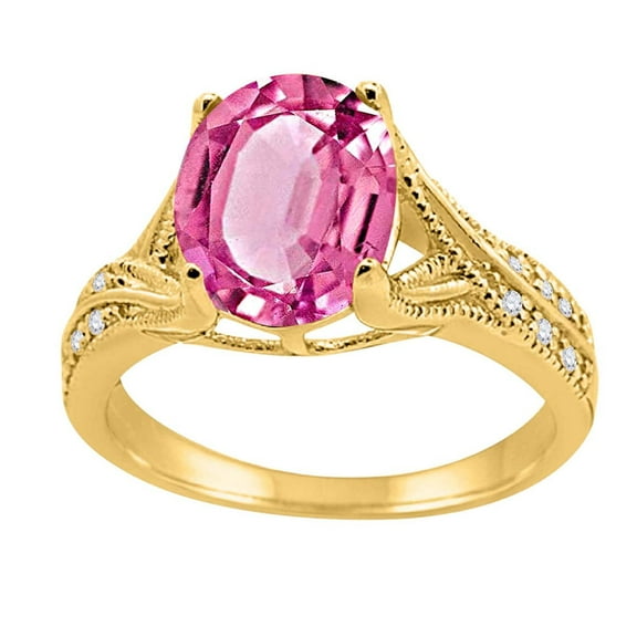 Mauli Jewels Rings for Women 2.46 Carat Oval Cut Pink Topaz and Diamond Antique Ring Prong 10K Yellow Gold