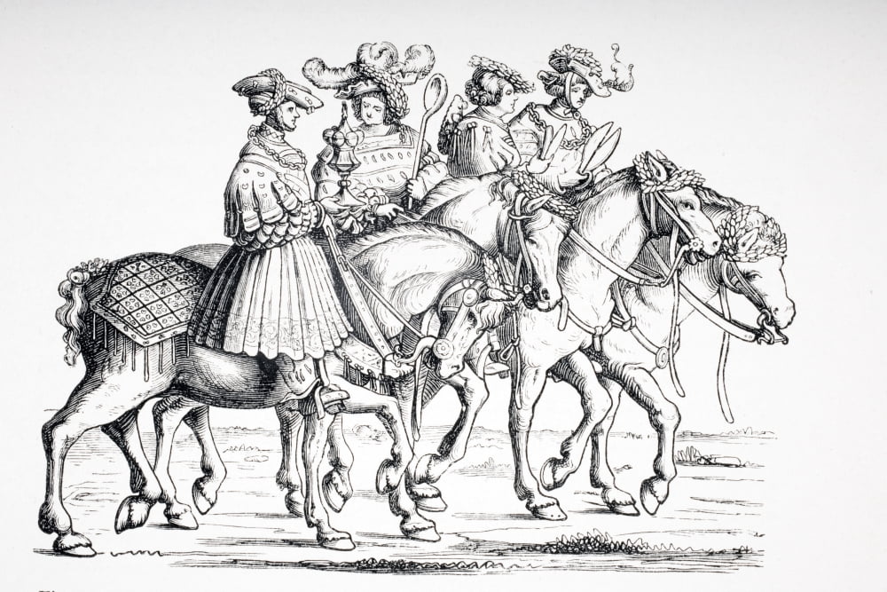 Officers Of The Table And Of The Chamber Of The Imperial Court Of Maximilian I From Left Cup Bearer CookBarber And Tailor 19Th Century Reproduction Of Engraving From 1512 In Triomphe De Maximilian I B
