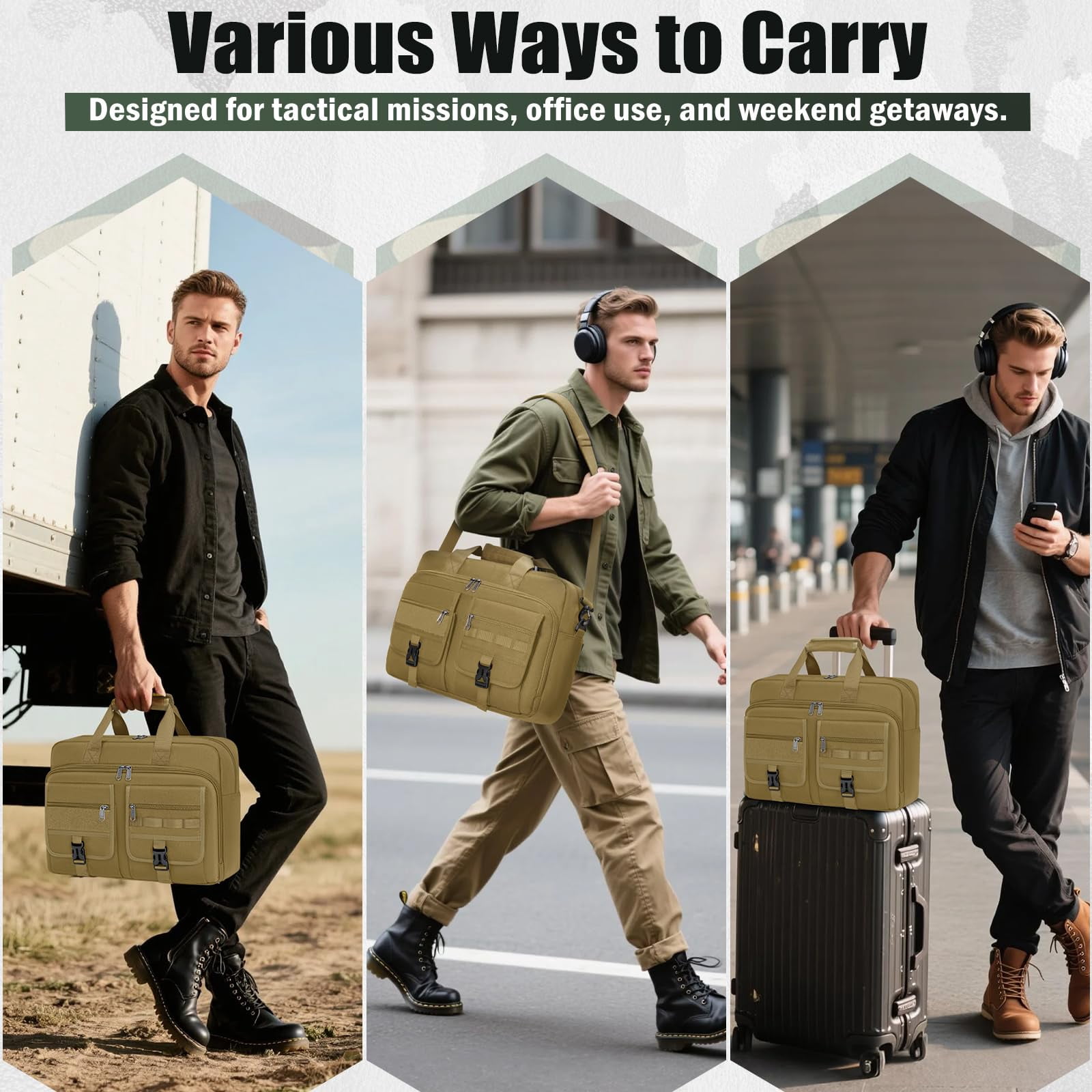 RAINSMORE 15.6 Inch Laptop Bag for Men Messenger Bag Business Laptop Briefcase with MOLLE System Large Travel,Khaki