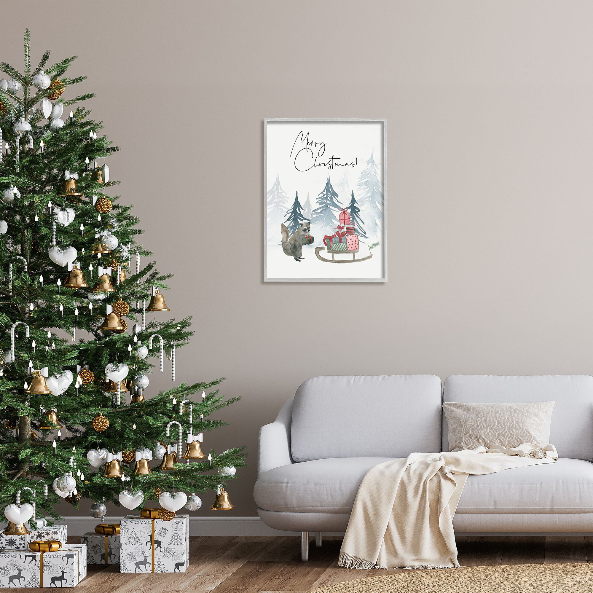 Stupell Indtries Merry Christmas Phrase Adorable Racoon Forest Present Sleigh,24 x 30,Design by Lucille Price