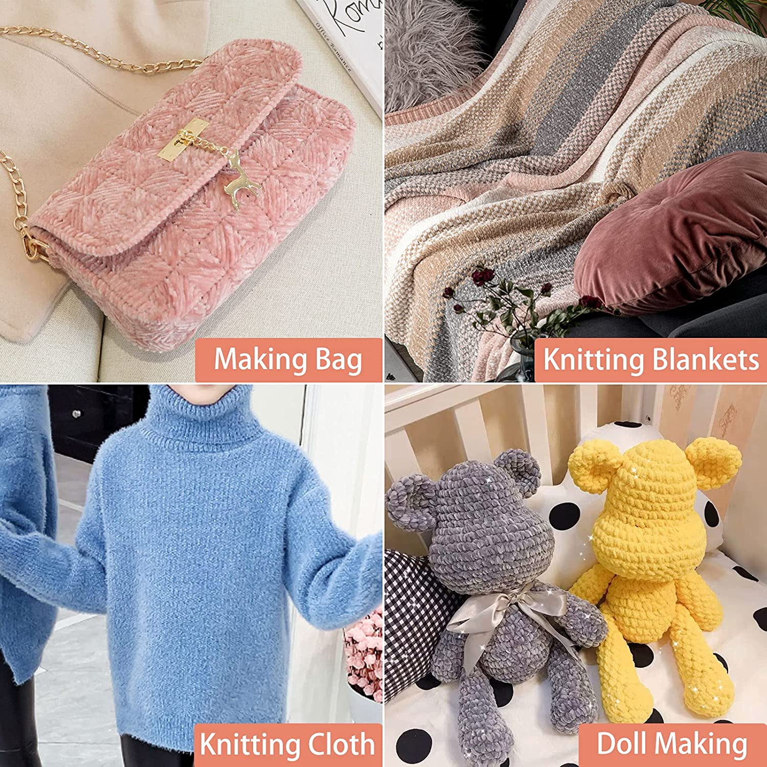 4 Skeins BATELO Crochet Yarn,Blanket Yarn,Knitting Yarn,Chenille Yarn,Baby  Yarn for Crocheting Soft Fluffy Bed Sofa Home Decor DIY (White&Blue&Coffee)