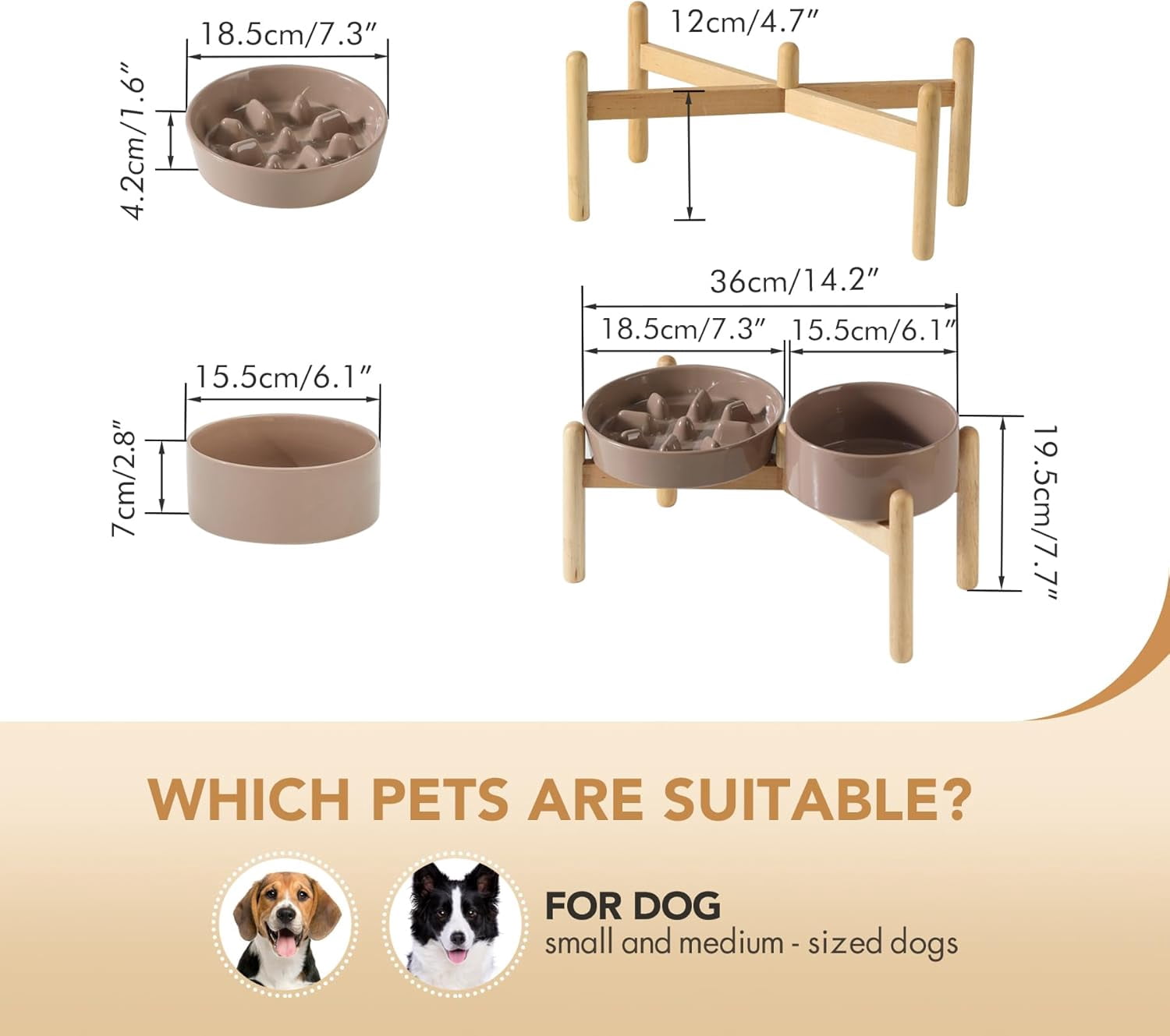 Ceramic 1.2 Cup Raised Slow Feeder Dog Bowl Set, Elevated 6.1inch Bowl and 7.3inch Puzzle Slow Food Dish with Wooden Stand for Medium and Small Dog, Anti-Gulping (2 x Brown Coffee+ Stand)