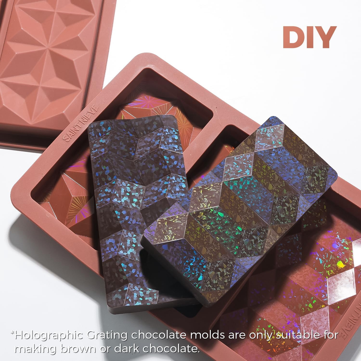 Holographic Chocolate Bar Mold, Large Thick 3-Cavity Silicone Mold for Chocolate Bars, Geometric Design, Food-Grade Non-Stick Mold for DIY Baking, Candy, and Wax Making