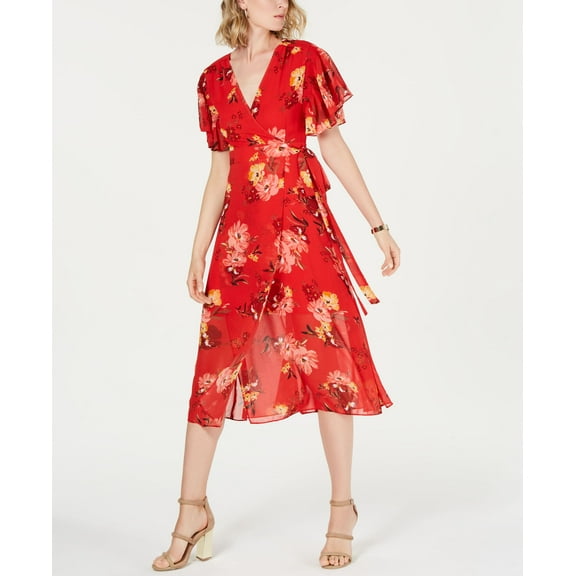 Vince Camuto Printed Ruffle Sleeve Dress Red Floral 16