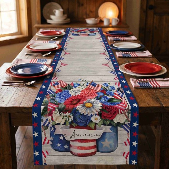 4th of July Patriotic Table Runner, 72x13" Linen Independence Day Decor, Stain-Resistant Holiday Tablecloth for Dining Room Party, Red White & Blue Themed Home Decoration