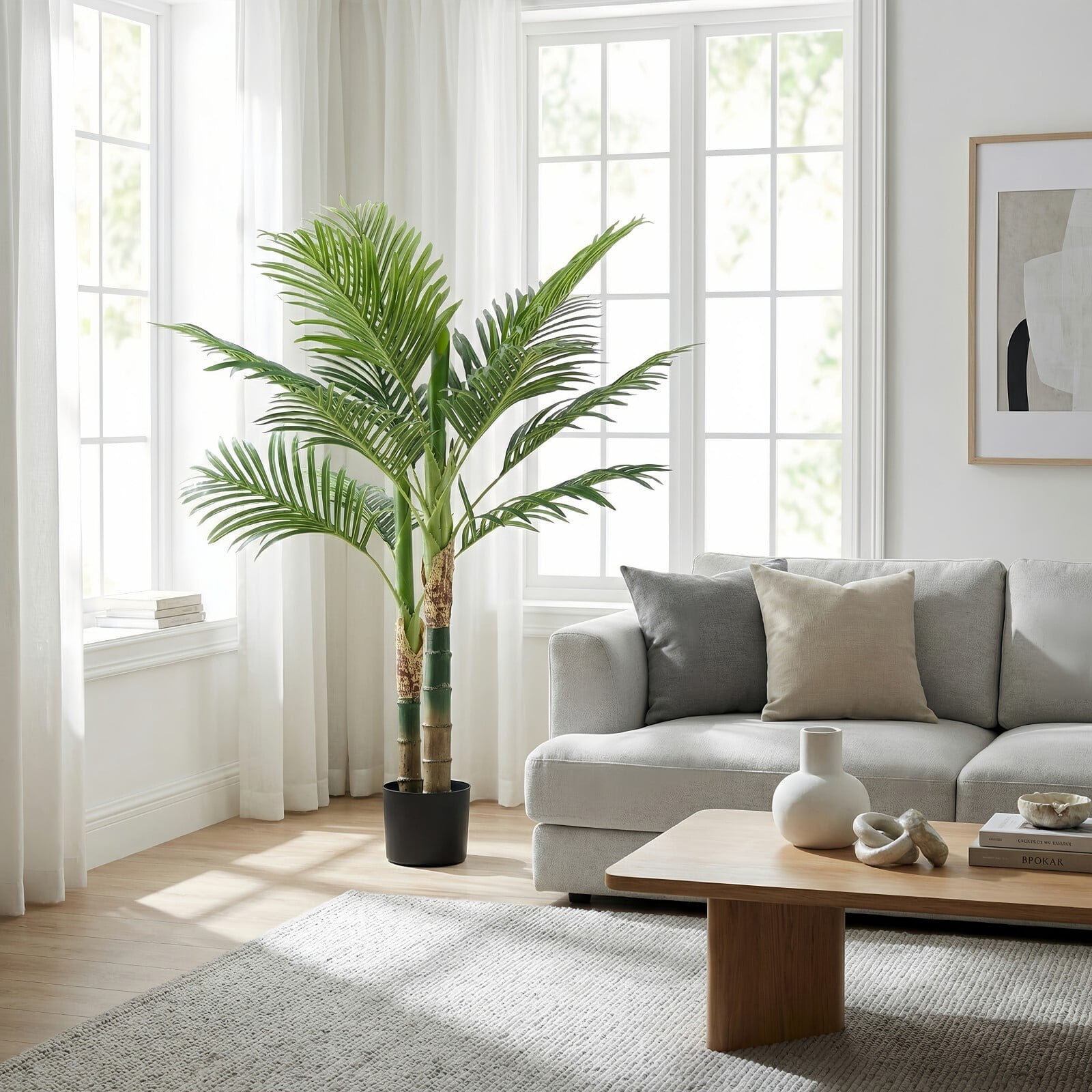 Kelno 4FT Artificial Plant Realistic Faux Palm Tree Potted Fake Decorative Plant, Black Pot