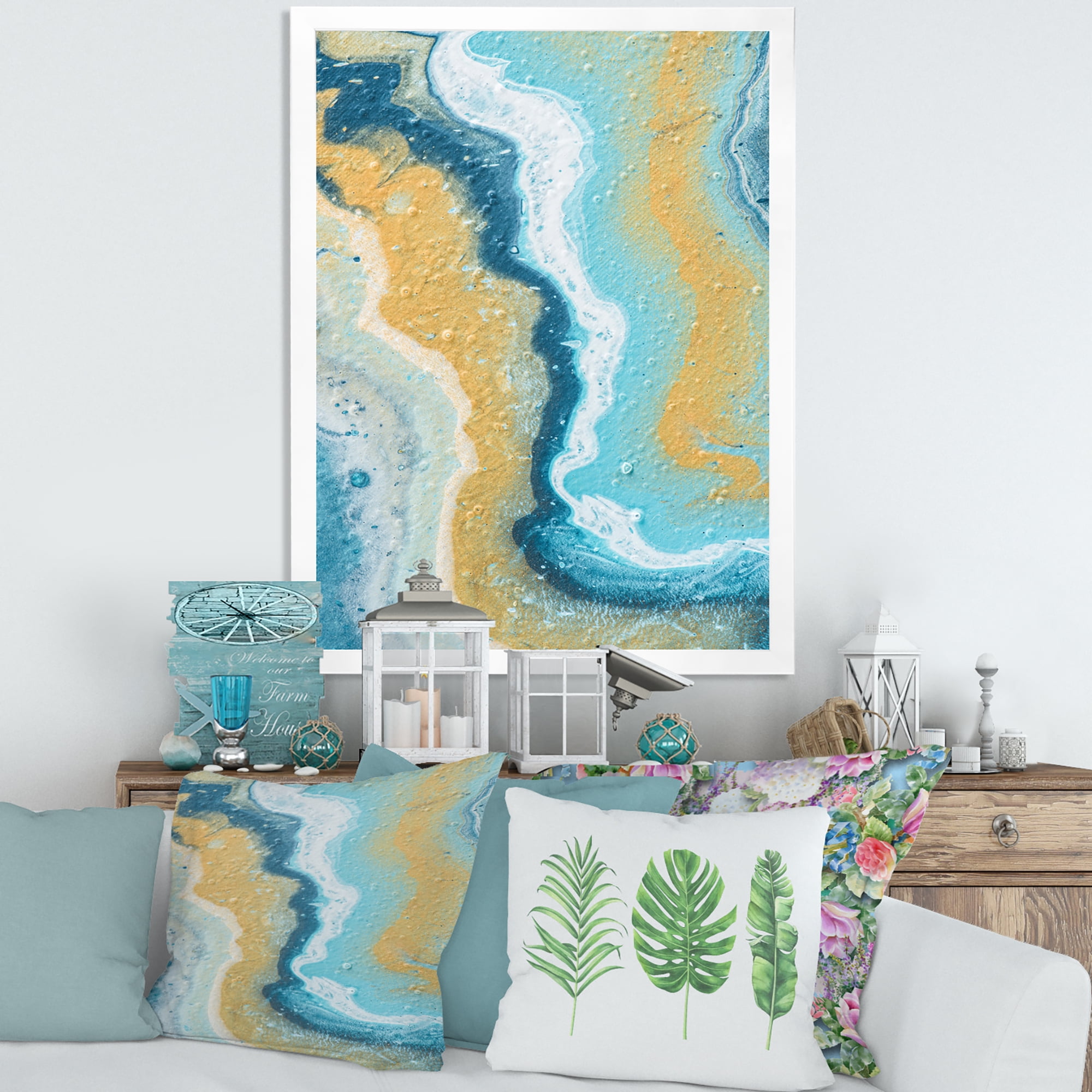 Designart 'Abstract Marble Composition In Blue and Yellow III' Modern Framed Art Print