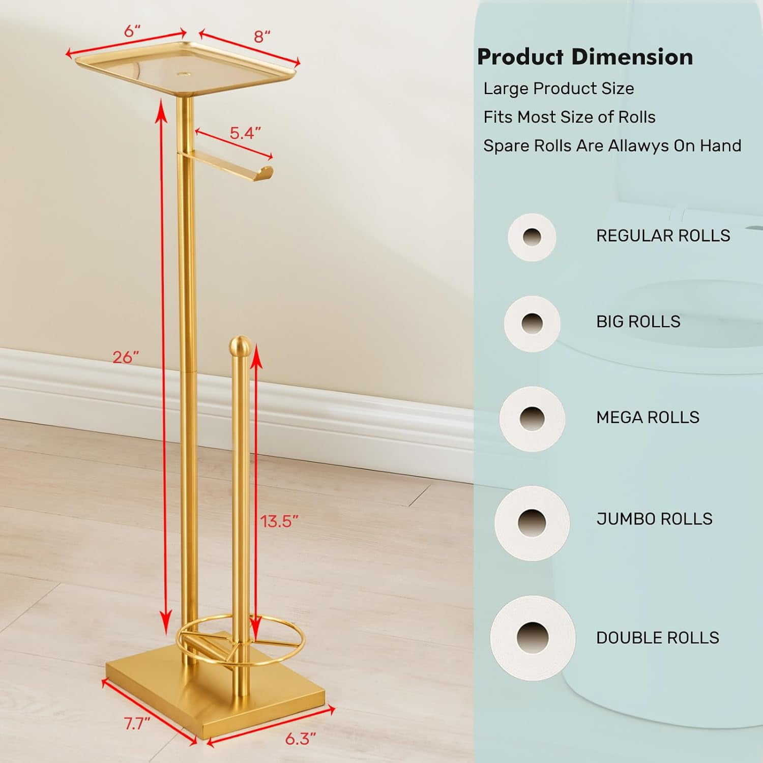 Toilet Paper Holder with Tray at The Top, Heavy-Weighted Base No Wobbly, Freestanding Toilet Paper Rolls Stand, Hold Extra 3 Paper Rolls On The Base (Gold)