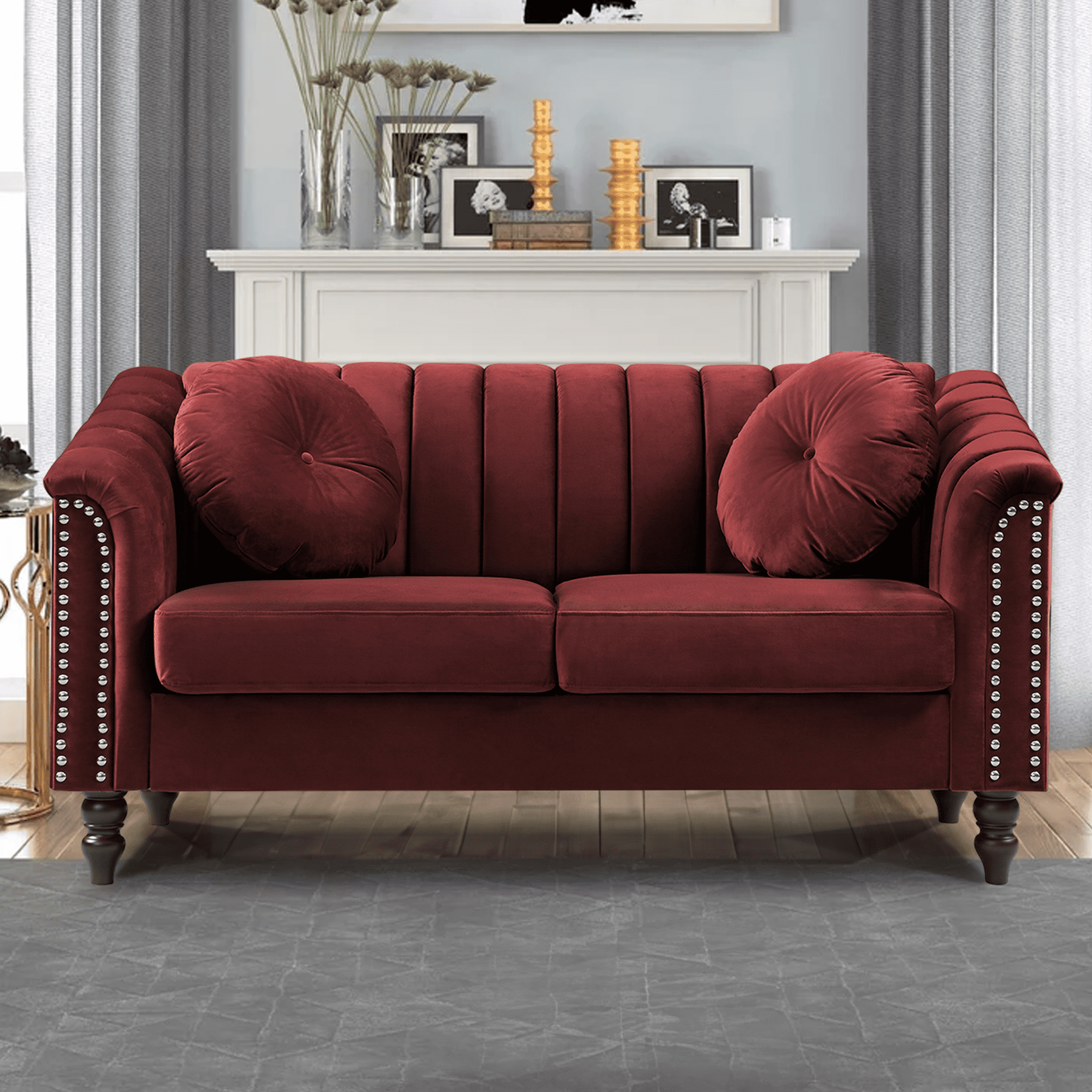 Aukfa 60" Comfy Flannel Loveseat Sofa, Contemporary Sleeper Couch for Living Room, 2 Pillows, Red