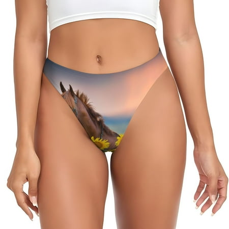 Sigee Horse Sunflowers for Women s G-String Panty  Low Rise  Soft Lace Perfect for Everyday Wear or Special Occasions-Medium