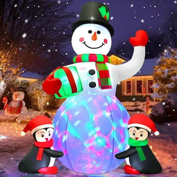 Christmas Inflatables Outdoor Decorations, 6FT Inflatable Snowman with 2 Penguins and Gift, Blow Up Xmas Decorations with Built-in LED Light for Indoor Outdoor Yard Garden Patio Lawn Decor