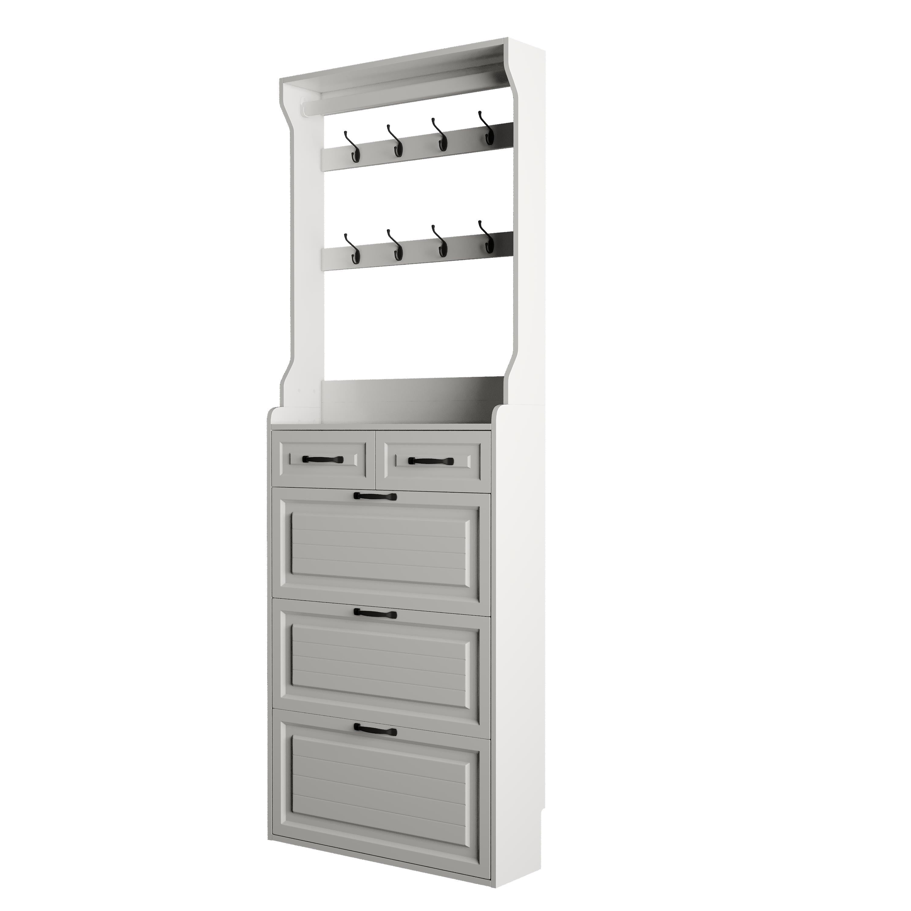 PORKISS Shoe Cabinet, Wooden Shoe Rack with 3 Doors and 2 Drawers,  Modern Tall Storage Organizer Hold to 28 Pairs Shoe for Entryway, White