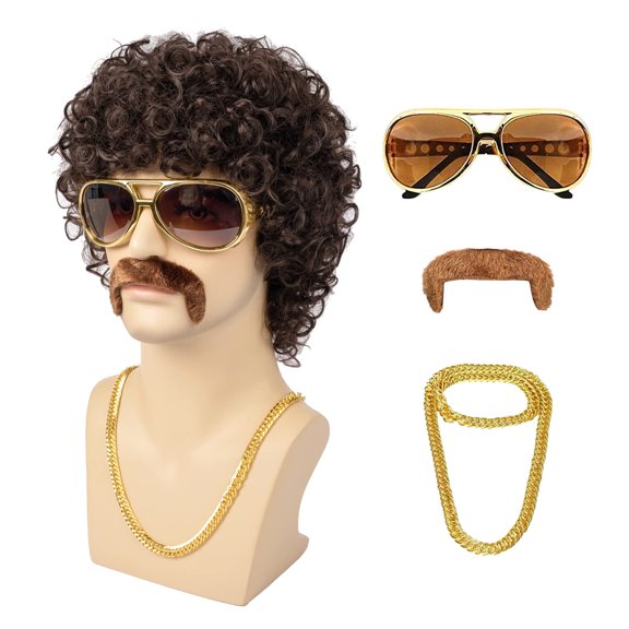 A 1970s disco-style African men's wig, complete with glasses, a necklace, a beard, and a wig cap. The naturally voluminous, short, curly synthetic wig is perfect for Halloween, Christmas, and cosplay
