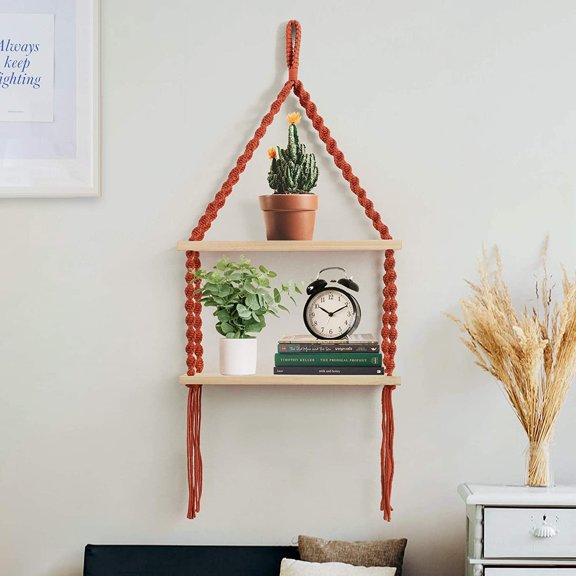 FineArt Macrame Wall Hanging Shelf; Cotton Rope Bohemian Woven Boho Shelf with 2 Shelves for Plants and Decor; Tapestry Tassel Wall Floating Hanger for Home Decor | 91 x 40cm (Style 6)