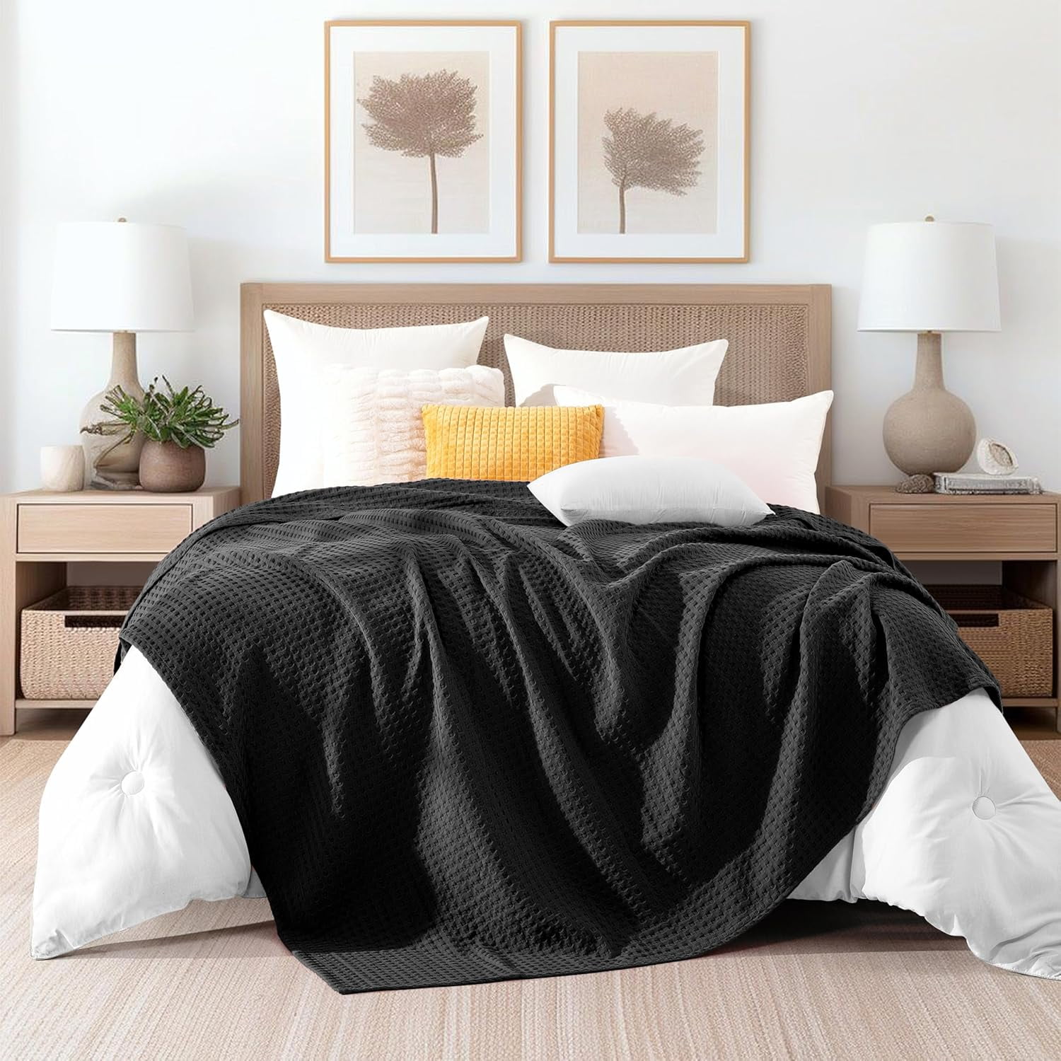 Elegant Comfort Cotton Waffle Blanket, Lightweight All-Season Bed Blanket,Twin Size 68x88 Inches, Black